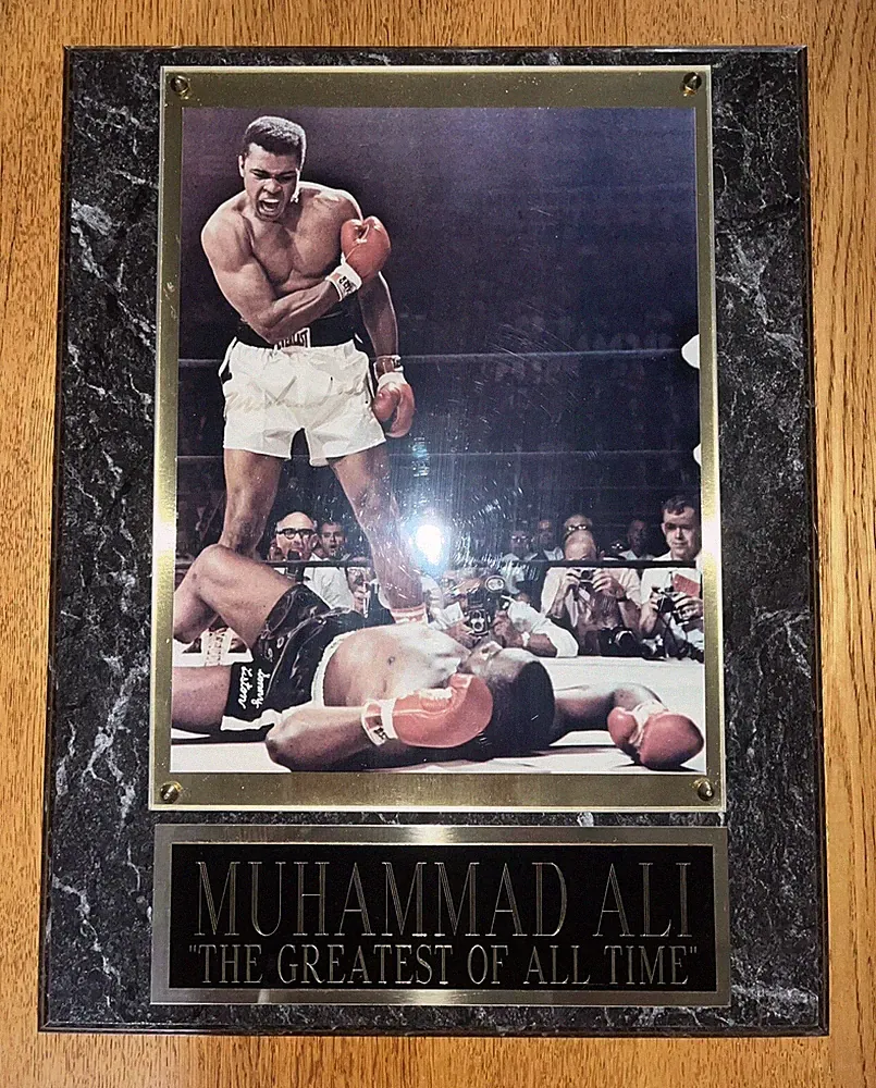 Muhammad Ali Signed Gold Ink Iconic Framed Photo On Plaque
