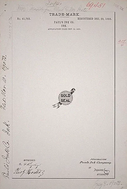 Photo:[Trademark registration by Paul's Ink Co. for Gold Seal brand Ink]